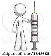 White Design Mascot Woman Holding Large Syringe