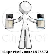 White Design Mascot Woman Holding Two Medicine Bottles