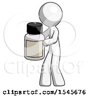 White Design Mascot Man Holding White Medicine Bottle