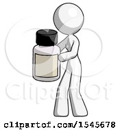 White Design Mascot Woman Holding White Medicine Bottle