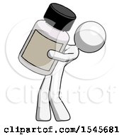 White Design Mascot Woman Holding Large White Medicine Bottle