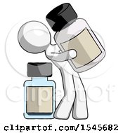 White Design Mascot Man Holding Large White Medicine Bottle With Bottle In Background