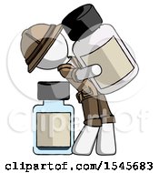 Poster, Art Print Of White Explorer Ranger Man Holding Large White Medicine Bottle With Bottle In Background
