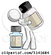 White Design Mascot Woman Holding Large White Medicine Bottle With Bottle In Background