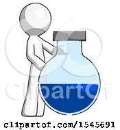 White Design Mascot Man Standing Beside Large Round Flask Or Beaker
