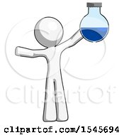 White Design Mascot Man Holding Large Round Flask Or Beaker