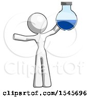 White Design Mascot Woman Holding Large Round Flask Or Beaker