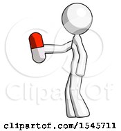 White Design Mascot Woman Holding Red Pill Walking To Left