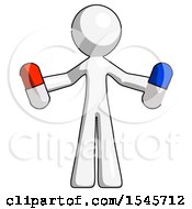 White Design Mascot Man Holding A Red Pill And Blue Pill