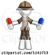 White Explorer Ranger Man Holding A Red Pill And Blue Pill
