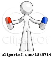 White Design Mascot Woman Holding A Red Pill And Blue Pill