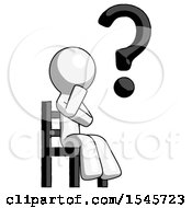 White Design Mascot Man Question Mark Concept Sitting On Chair Thinking