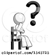 White Design Mascot Woman Question Mark Concept Sitting On Chair Thinking