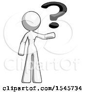 White Design Mascot Woman Holding Question Mark To Right
