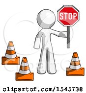Poster, Art Print Of White Design Mascot Man Holding Stop Sign By Traffic Cones Under Construction Concept