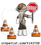 Poster, Art Print Of White Explorer Ranger Man Holding Stop Sign By Traffic Cones Under Construction Concept