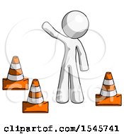 Poster, Art Print Of White Design Mascot Man Standing By Traffic Cones Waving