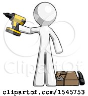Poster, Art Print Of White Design Mascot Man Holding Drill Ready To Work Toolchest And Tools To Right