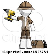 Poster, Art Print Of White Explorer Ranger Man Holding Drill Ready To Work Toolchest And Tools To Right