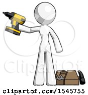 White Design Mascot Woman Holding Drill Ready To Work Toolchest And Tools To Right