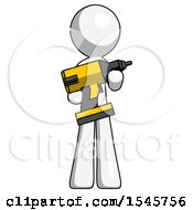 White Design Mascot Man Holding Large Drill