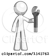 White Design Mascot Man Holding Wrench Ready To Repair Or Work