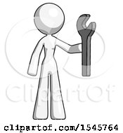 White Design Mascot Woman Holding Wrench Ready To Repair Or Work
