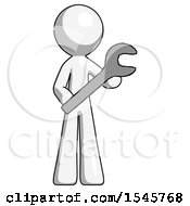 White Design Mascot Man Holding Large Wrench With Both Hands