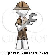 White Explorer Ranger Man Holding Large Wrench With Both Hands