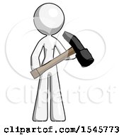 White Design Mascot Woman Holding Hammer Ready To Work