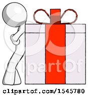 White Design Mascot Man Gift Concept Leaning Against Large Present