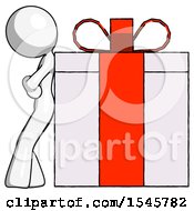 White Design Mascot Woman Gift Concept Leaning Against Large Present