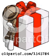 White Explorer Ranger Man Leaning On Gift With Red Bow Angle View