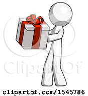White Design Mascot Man Presenting A Present With Large Red Bow On It
