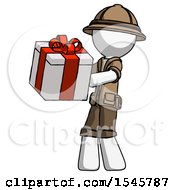 White Explorer Ranger Man Presenting A Present With Large Red Bow On It