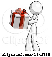 White Design Mascot Woman Presenting A Present With Large Red Bow On It