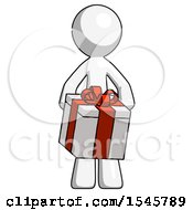 White Design Mascot Man Gifting Present With Large Bow Front View