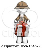 White Explorer Ranger Man Gifting Present With Large Bow Front View