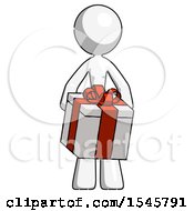 White Design Mascot Woman Gifting Present With Large Bow Front View
