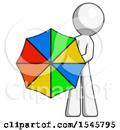 White Design Mascot Man Holding Rainbow Umbrella Out To Viewer
