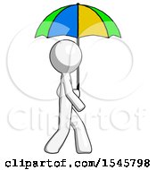 Poster, Art Print Of White Design Mascot Man Walking With Colored Umbrella