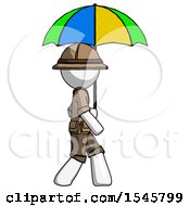 Poster, Art Print Of White Explorer Ranger Man Walking With Colored Umbrella