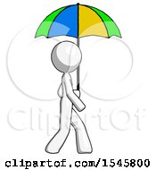 Poster, Art Print Of White Design Mascot Woman Walking With Colored Umbrella