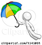 White Design Mascot Man Flying With Rainbow Colored Umbrella