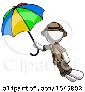 White Explorer Ranger Man Flying With Rainbow Colored Umbrella