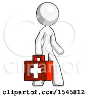 White Design Mascot Woman Walking With Medical Aid Briefcase To Right