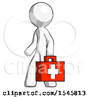 White Design Mascot Man Walking With Medical Aid Briefcase To Left