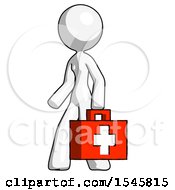 White Design Mascot Woman Walking With Medical Aid Briefcase To Left