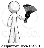 Poster, Art Print Of White Design Mascot Man Holding Feather Duster Facing Forward