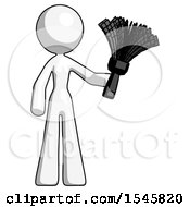 Poster, Art Print Of White Design Mascot Woman Holding Feather Duster Facing Forward